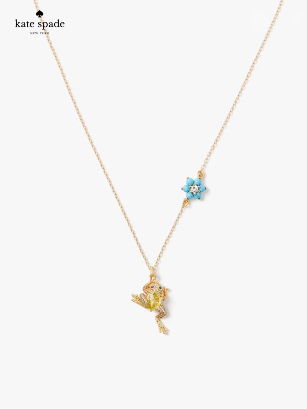 Kate Spade Nature Walk Gold Frog Pendant Necklace w/ Turquoise Flower Accent